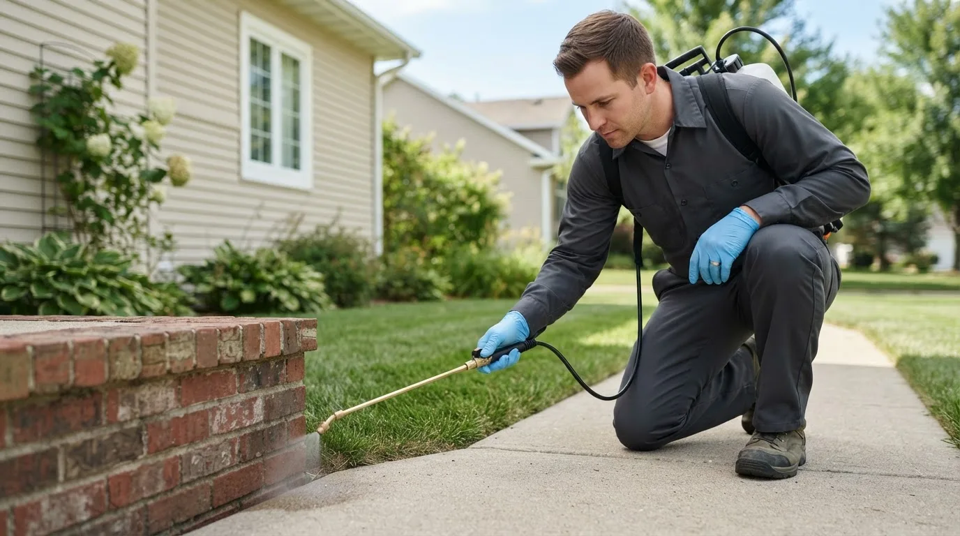 Pest control technician treating a home near Fortuna, MO