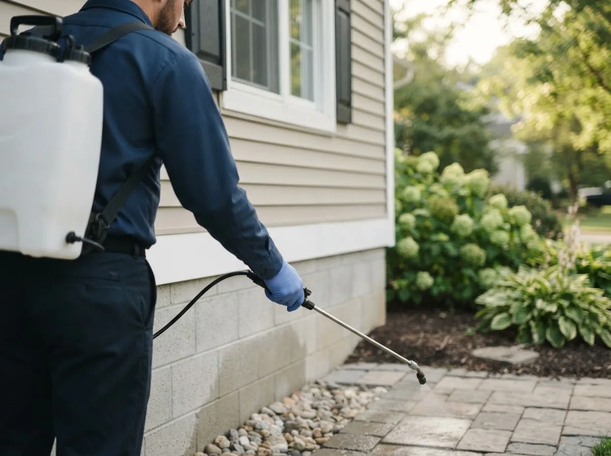 Pest control technician inspecting a home in Fortuna, MO